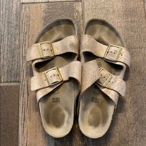 Rose gold brushed suede Birkenstock’s